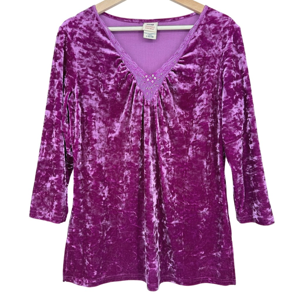 Faded Glory Y2k Purple Crushed Velvet Velour Blouse‎ Top Size L Fairy Whimsigoth